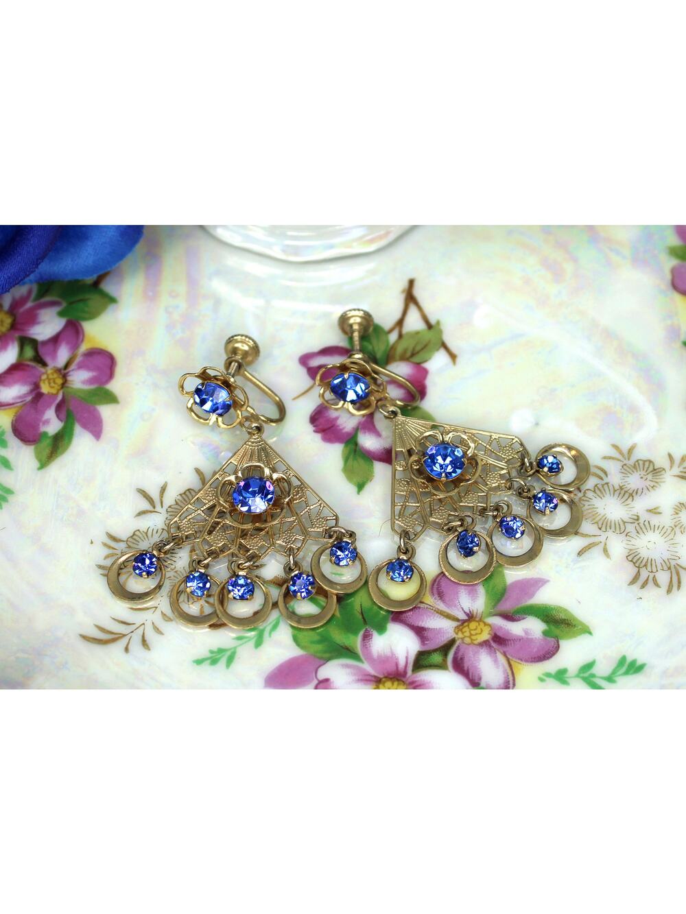 Mid-Century Victorian Revival Blue Rhinestone Floral Drop Earrings